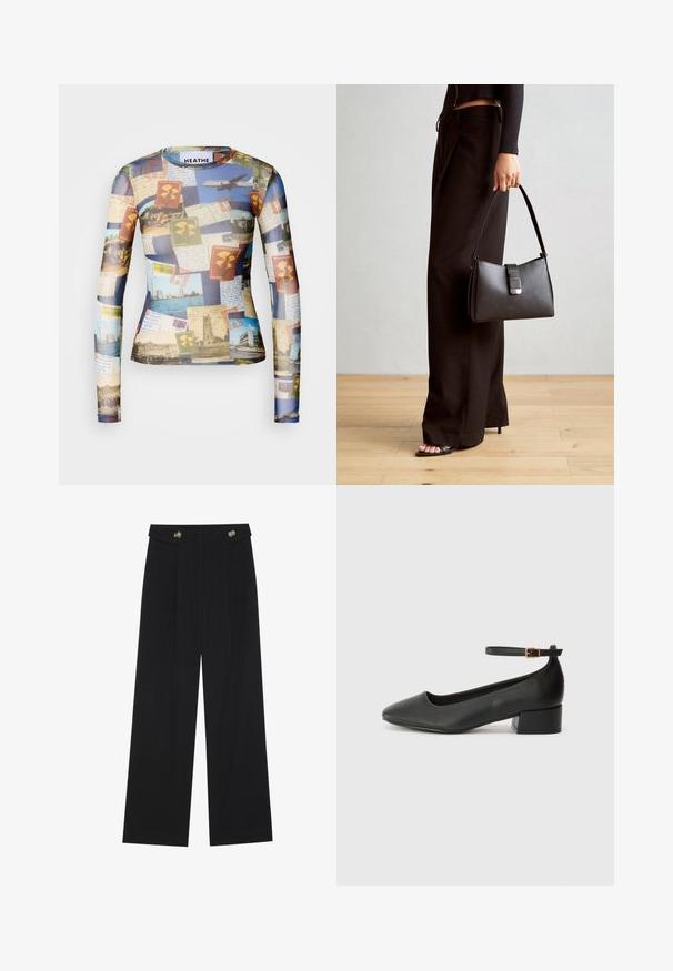 Langärmliges Shirt mit einer Collage aus Vintage-Postkarten und Briefmarken in Blau-, Beige- und Grüntönen; glattes, leichtes Material.; Schwarze weite Hosen mit hoher Taille, Knopfdetails am Bund und vorderen Falten.; Schwarze Lederpumps mit spitzem Zehenbereich und niedrigem Blockabsatz. Mit einem Knöchelriemen und einer goldfarbenen Schnalle. Glatte Textur.; Schwarze Handtasche mit strukturierter Form, glatter Textur und einem metallischen Verschluss. Kombiniert mit weiten schwarzen Hosen und offenen Sandalen auf einem Holzboden.