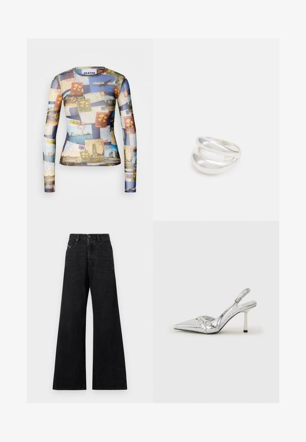 Langärmliges Shirt mit einer Collage aus Vintage-Postkarten und Briefmarken in Blau-, Beige- und Grüntönen; glattes, leichtes Material.; Schwarze Jeans mit weitem Bein aus Denim, gefertigt mit hoher Taille, Fünf-Taschen-Design und subtilen Zierstichen auf der Vorderseite.; Silberner Slingback-High-Heel-Schuh mit spitz zulaufender Zehenpartie, metallic-finish, zwei dekorativen Riemen und einem schlanken Absatz mit schwarzer Spitze.; Silberner Doppelring mit einer glatten, polierten Oberfläche. Verfügt über ein fließendes, kurviges Design mit überlappenden Abschnitten für einen modernen Look.