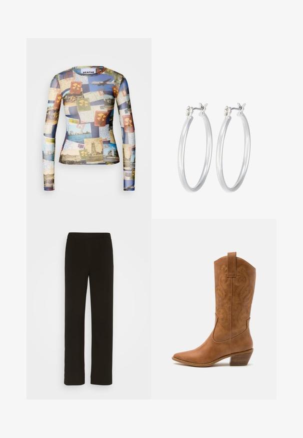 Koszula z długim rękawem, z kolażem vintage'owych pocztówek i znaczków w odcieniach niebieskiego, beżowego i zielonego; gładki, lekki materiał.; Czarne spodnie o prostych nogawkach, wykonane z tkaniny o splocie, z gładkim przodem, dwoma bocznymi kieszeniami i gładką fakturą. Bez widocznych wzorów ani akcentów.; Brązowe skórzane kowbojki z wyciągniętym nosem, haftowanymi wzorami spiralnymi na cholewie oraz blokowym obcasem. Posiadają pętlę ułatwiającą zakładanie.; Srebrne kolczyki w formie kółek o gładkim, polerowanym wykończeniu. O okrągłym kształcie i pewnym zapięciu na klik. Lekka konstrukcja odpowiednia do codziennego noszenia.