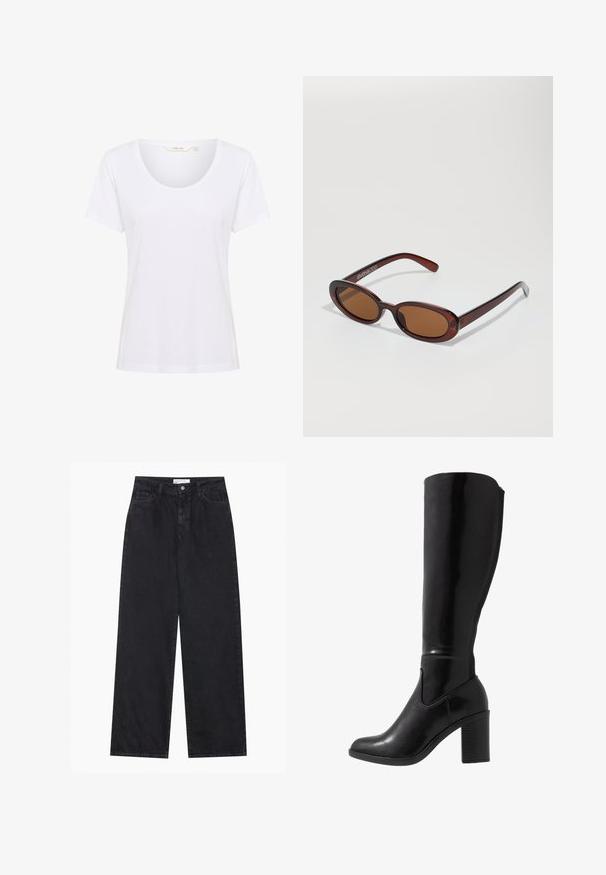 Hvid kortærmet t-shirt med rund hals, lavet af glat stof, med en afslappet pasform og uden synlige mønstre eller detaljer.; Sorte højtaljede bredbenede denimjeans med frontknap og lynlås, bæltestropper og fem-lomme stil.; Knæhøje sorte glansede støvler med hæl, rund tå, glat overflade, detalje med udskæring på siden og en chunky stablet hæl.; Runde, bruntonede solbriller med en glansfuld bordeauxramme. Slanke arme med diskret brandingdetalje. Flad linsedesign.; Brun vævet læderhandbag med en slasket, trekantet form. Har et flettet håndtag og en lynlåslukning langs toppen.