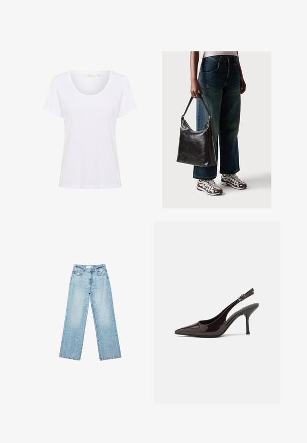 Hvid kortærmet t-shirt med rund hals, lavet af glat stof, med en afslappet pasform og uden synlige mønstre eller detaljer.; Lyseblå denim bukser med bred benvidde og høj talje, præget af en falmet vask og små, spredte slidte detaljer overalt.; Slingback højhælet sko i glat mørkebrun patenteret læder, spids tå, åbne sider og justerbar ankelrem.; Sort læder skuldertaske med en glat tekstur og justerbar skulderrem, parret med faded brede bukser og atletiske sneakers.