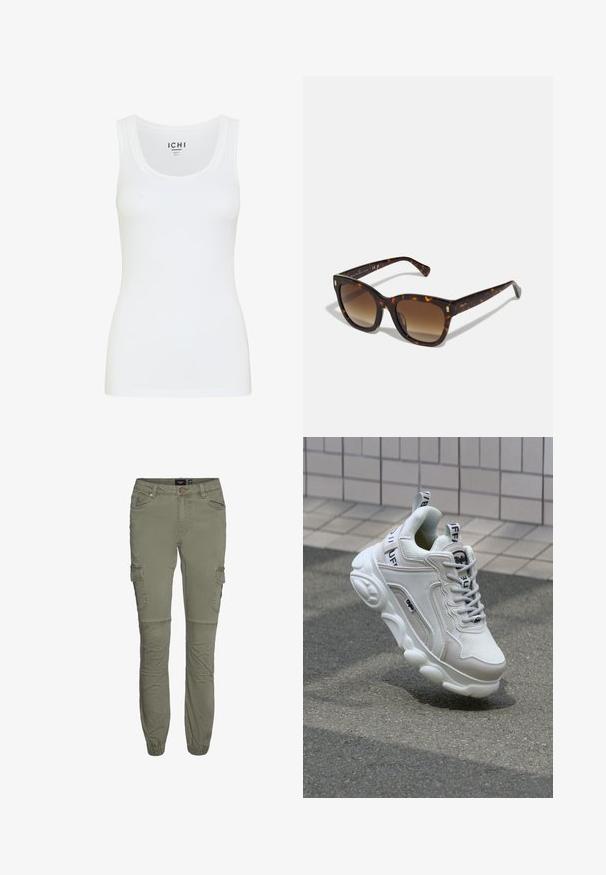 Weißes Tanktop aus glattem Stoff. Mit rundem Halsausschnitt und breiten Trägern. Leicht taillierter Schnitt ohne sichtbare Muster oder Verzierungen.; Olivgrüne Cargo-Hosen aus strapazierfähigem Baumwollgemisch mit schmalen Bündchen, mehreren Taschen und Kniefalten für zusätzliche Bewegungsfreiheit.; Weißer Sneaker aus Mesh- und Ledermaterialien, mit rundem Zehenbereich, dicker Sohle, auffälligen Schnürsenkeln sowie Branding an der Ferse und der Zunge.; Schildpatt quadratische Sonnenbrille mit braunem Verlaufsglas, ausgestattet mit goldenen Akzenten an den Bügeln und einem dicken, glänzenden Rahmen.