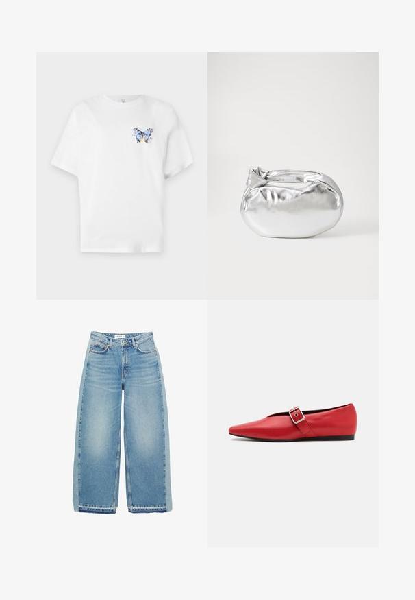 Valkoinen puuvillapaita, jossa on värikäs perhospainatus vasemmalla rinnalla. Lyhyet hihat ja rento malli.; Vaaleansiniset leveälahkeiset farkut, joissa on korkea vyötärö, napitus, etutaskut ja raaka helma.; Punainen nahkainen tasapohjainen kenkä, jossa on terävä kärki, sivuhihna metalli soljella ja matala musta korko. Tasainen pintakäsittely.; Hopeapintainen metallinen pussilaukku, jolla on pehmeä, pyöreä muoto ja solmittava yläosa. Valmistettu sileästä tekonahkamateriaalista.