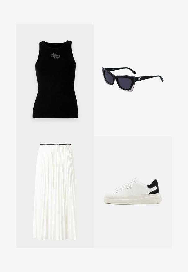 Čierny rebrovaný top s okrúhlym výstrihom a logom ozdobeným striebornými klinecami na prednej strane. Mäkká, elastická tkanina.; Plisovaná biela sukňa s čiernym elastickým pásom s logom "LACOSTE". Sukňa je stredne dlhá a má mäkkú textúru.; Biele kožené tenisky s hrubou bielou podrážkou, čiernym zamekom na päte a vyrazeným logom na boku. Šnurovací dizajn so šiestimi očkami.; Čierne oversized slnečné okuliare s geometrickým tvarom, s tmavými šošovkami a kontrastným šedým detailom na ráme. Logo na mostíku.