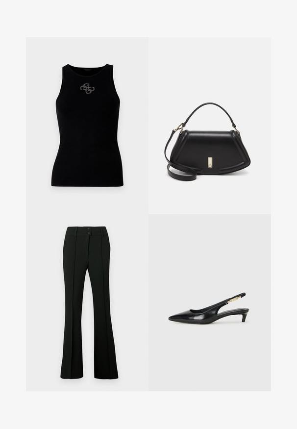 Top de damă negru, cu dungi, cu decolteu rotund și un logo decorat cu ținte argintii pe față. Țesătură moale și elastică.; Pantaloni negri evazați dintr-un material neted, cu talie înaltă cu doi nasturi și falduri frontale, oferind un aspect croitorit.; Sandale slingback din piele neagră cu vârf ascuțit, având un toc subțire și un accent de culoare aurie pe curea ajustabilă. Textură netedă.; Geantă de umăr din piele neagră, cu un design structurat, având o formă tăiată, mânere superioare și accente din aur. Include o curea de umăr ajustabilă.