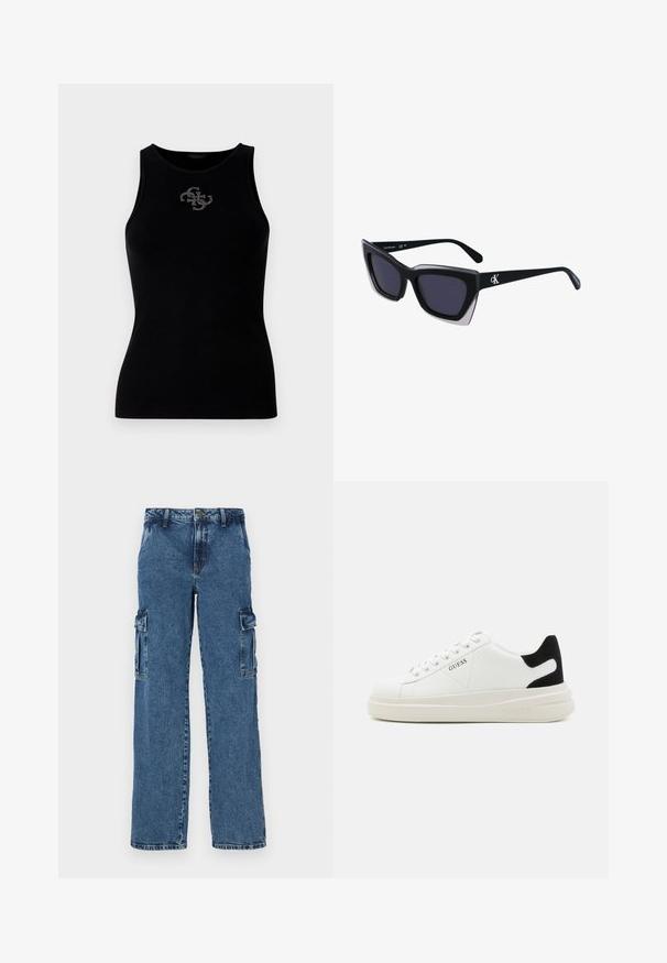 Débardeur noir à côtes avec un col rond et un logo orné de clous en argent à l'avant. Tissu doux et extensible.; Pantalons cargo en denim bleu avec une coupe décontractée, dotés de deux poches latérales, de coutures renforcées et d'une coupe droite.; Baskets en cuir blanc avec une épaisse semelle blanche, un accent en daim noir au niveau du talon et un logo embossé sur le côté. Design à lacets avec six œillets.; Lunettes de soleil noires surdimensionnées avec une forme géométrique, dotées de verres foncés et d'un détail gris contrastant sur la monture. Logo sur la branche.