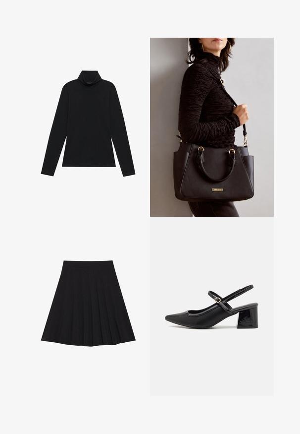 Schwarzes langärmeliges Rollkragenshirt. Weicher Stoff, enganliegendes Design, hoher Kragen und seitliche Nähte. Schlichter und vielseitiger Stil, der sich gut für das Layering eignet.; Schwarzer, plissierter Rock aus strukturiertem Stoff mit einem taillierten Bund. Fällt knielang und hat eine glatte, klare Silhouette.; Schwarze Lackleder-Slingback-Absätze mit spitzer Zehenform, einem runden Ausschnitt-Design und einem Blockabsatz. Mit einem goldfarbenen Schnallenakzent.; Schwarze Handtasche mit strukturierten Oberflächen, doppelten Obergriffen und verstellbarem Schultergurt. Mit goldfarbener Hardware und Seitentaschen.
