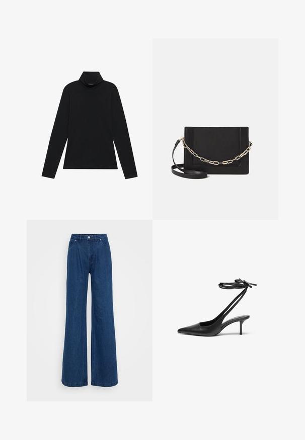 Zwarte langetermijn turtleneck. Zachte stof, getailleerd design, hoge kraag en zijnaad. Eenvoudige en veelzijdige stijl die geschikt is voor het laagjes dragen.; Blauwe denim jeans met wijde pijpen en een hoge taille, voorzien van een knoop- en ritssluiting aan de voorkant, en voor- en achterzakken op een effen achtergrond.; Zwarte leren stiletto-schoen met een spitse neus, open achterkant en enkelschoentjes die in een strik zijn geknoopt. Slanke 3-inch hak. Glad textuur, minimalistisch ontwerp.; Zwarte leren schoudertas met een gladde textuur, rechthoekige vorm en een metallic kettingdetail aan de voorkant. Verstelbare schouderband inbegrepen.