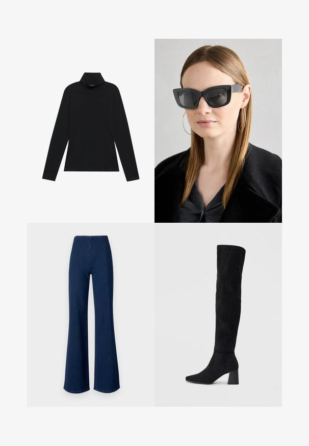 Melnais garais piedurkņu turtleneck krekls. Mīksta auduma, pieguļošs dizains, augsts apkakle un sānu šuves. Vienkāršs un daudzpusīgs stils, piemērots slāņošanai.; Tumši zili platā piegriezuma džinsi, izgatavoti no denima ar elastīgu jostasvietu. Iespējas iekļauj gludu tekstūru un plašu kāju dizainu, kas stiepjas līdz apakšmalai.; Melna zamšāda līdz ceļiem, ar blokveida papēdi, norādītu purngalu un gludu, bezšuvju dizainu uz vienkārša gaiša fona.; Melna kaķa acs saulesbrilles ar tumšiem objektīviem, bieziem rāmjiem un smalkiem akcentiem. Valkātas ar melnu mēteļi un pelēku augšu, ar garām taisnām matiem.