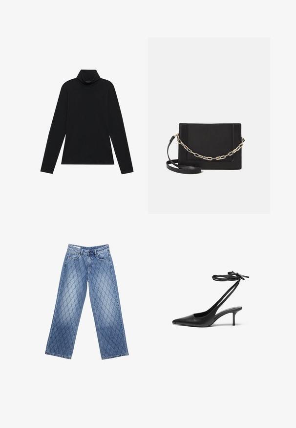 Mustat pitkät hiharat turtleneck-paidat. Pehmeä kangas, istuva muotoilu, korkea kaulus ja sivusaumat. Yksinkertainen ja monipuolinen tyyli, joka sopii kerroksittain käytettäväksi.; Vaaleansiniset, leveälahkeiset farkut, joissa on tilkkutäkkikuvio, viisi taskua ja nappi vyötäröllä.; Mustat nahkaiset stiletto-kengät, joissa on terävä kärki, avoin takaosa ja nilkkahihnat solmittuina rusetiksi. Kapea 3-tuumainen korko. Tasainen pinta, minimalistinen muotoilu.; Musta nahkainen olkalaukku, jossa on sileä pinta, suorakulmainen muoto ja metalliketju yksityiskohtana edessä. Mukana säädettävä hihna.