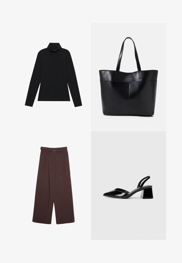 Czarny golf z długim rękawem. Miękka tkanina, dopasowany krój, wysoki kołnierz i boczne szwy. Prosty i uniwersalny styl, idealny do noszenia na warstwy.; Stradivarius - Spodnie materiałowe; Czarne lakierowane półbuty na obcasie z wydłużonym noskiem i geometrycznym słupkiem. Charakteryzują się eleganckim, minimalistycznym designem oraz gładką fakturą.; Czarna skórzana torba na ramię z dwoma długimi uchwytami, gładką teksturą i sztywną formą. Posiada przednią kieszeń dla dodatkowego przechowywania.