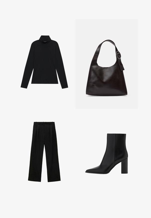 Crna dolčevita dugih rukava. Mekana tkanina, prilagođen dizajn, visoki ovratnik i bočne šavne. Jednostavan i svestran stil pogodan za slojevito nošenje.; Crne široke hlače s plisama, s glatkom teksturom i visokim strukom. Minimalistički stil, bez vidljivih metalnih dijelova ili ukrasa.; Crne kožne čizme do gležnja s izduženim nožnim prstom, kvadratnim potplatom, glatkom teksturom i detaljima šavova duž šavova. Potpetice su visoke približno 8,9 centimetara.; Smeđa kožna torba preko ramena s glatkom teksturom, zaobljenim oblikom, širokim remenom i kružnim metalnim akcentom na ručki.