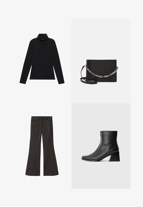 Black long-sleeve turtleneck. Soft fabric, fitted design, high collar, and side seams. Simple and versatile style suitable for layering.; Black flared trousers with a high waist; features two front pockets and a smooth fabric texture. Suitable for various occasions.; Black leather ankle boot with square toe, side zipper, and block heel against plain light background.; Black leather crossbody bag featuring a smooth texture, rectangular shape, and a metallic chain detail on the front. Adjustable strap included.