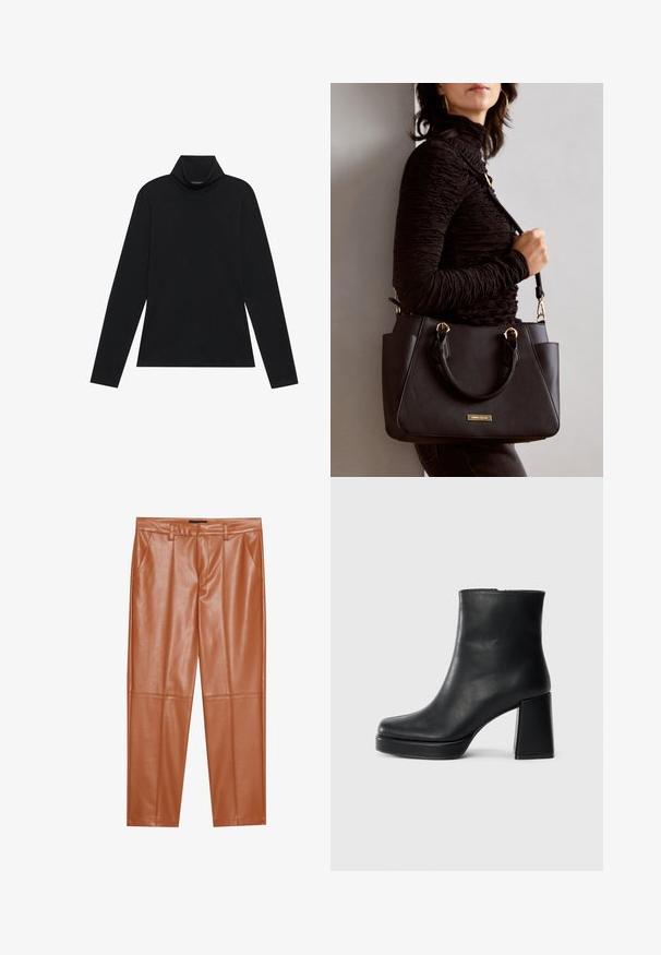 Camisola preta de manga longa com gola alta. Tecido macio, design justo, gola alta e costuras laterais. Estilo simples e versátil, adequado para sobreposição.; Calças de couro sintético castanho com um corte ajustado, apresentando pregas frontais e pernas retas. Textura suave sem acessórios ou detalhes visíveis.; Bota de couro preta até ao tornozelo com salto bloco e sola com plataforma, vista de lado sobre um fundo branco liso.; Bolsa preta com superfície texturizada, alças superiores duplas e alça de ombro ajustável. Apresenta ferragens em tom dourado e bolsos laterais.