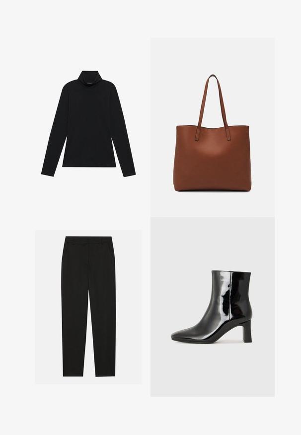 Czarny golf z długim rękawem. Miękka tkanina, dopasowany krój, wysoki kołnierz i boczne szwy. Prosty i uniwersalny styl, idealny do noszenia na warstwy.; Czarne spodnie o dopasowanym kroju, z bocznymi kieszeniami i prostą nogawką. Wykonane z gładkiego, lekkiego materiału o eleganckim wykończeniu.; Czarne lakierowane botki za kostkę z wysmukłym noskiem i średniej wysokości obcasem w kształcie słupka. Gładka tekstura i minimalistyczny design.; Brązowa skórzana torba tote o gładkiej fakturze, z otwartym wierzchem i dwoma ramiączkami. Charakteryzuje się minimalnym przeszyciem i brakiem widocznych elementów metalowych.