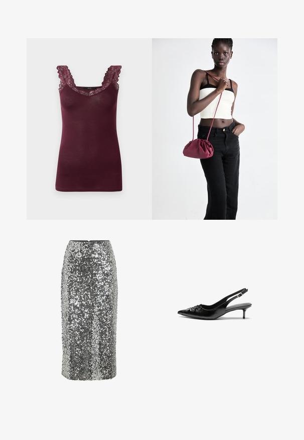 Bordeauxfarbenes Tanktop mit Spitzenbesatz entlang des V-Ausschnitts und der Träger. Weicher Stoff und figurbetonter Schnitt. Keine Muster oder sichtbaren Beschläge.; Silberner Pailletten-Bleistiftrock mit figurbetontem Design, knielang und mit glatter Textur. Verfügt über einen verdeckten Reißverschluss an der Rückseite.; Schwarze Slingback-Pumps aus Leder mit spitz zulaufender Schuhspitze, niedrigem Kitten-Heel und gerafftem Detail am Vorderblatt. Glatte Textur und minimalistisches Design.; Burgunderfarbene Handtasche aus weichem Stoff mit gerafftem Design und langem Trageriemen, quer über den Körper getragen. Das Modell trägt ein weißes Crop-Top und schwarze Jeans.