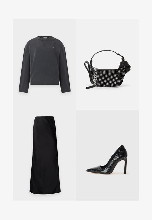 CLOSED CREWNECK LONGSLEEVE - Hosszú ujjú felső - black; Norma Kamali BIAS OBIE SKIRT - Maxi szoknya - black; Fekete hegyes orrú magassarkú cipő krokodilbőr textúrával, letisztult dizájnnal, magas tűsarkú és sima fekete belső résszel.; Fekete kézitáska szegecses díszítéssel, láncos pánttal és sima bőr fogantyúval, lekerekített formával és cipzáras rekesszel.