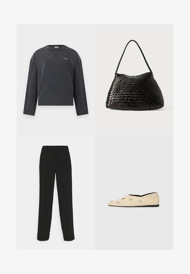 CLOSED CREWNECK LONGSLEEVE - Longsleeve - black; Zwarte op maat gemaakte broek met een recht model, kenmerkend door een hoge taille, plooien en een gladde stoftextuur.; CLOSED Ballerina's - ecru; Zwarte geweven leren handtas met een gebogen, zachte vorm en een enkele gevlochten schouderband, gekenmerkt door een gladde textuur en een ingewikkeld patroon.