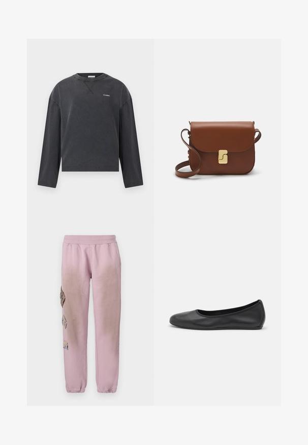 CLOSED CREWNECK LONGSLEEVE - Pikkade varrukatega topp - black; Roosa spordipüksid elastse paelaga vööl, millel on vasakul küljel dekoratiivsed rombikujulised plaastrid ja elastsed mansetid pahkluude juures.; Musthave mustika tantsutossud mustast nahast, ümmarguse varbaga, siledast tekstuurist, minimaalse õmblusdetailiga ja paindliku tallakujundusega.; Pruunist nahast käekott, millel on klapiga sulgur, kuldne riistvara, õlarihm ja sile tekstuur. Kompaktne ristkülikukujuline vorm.