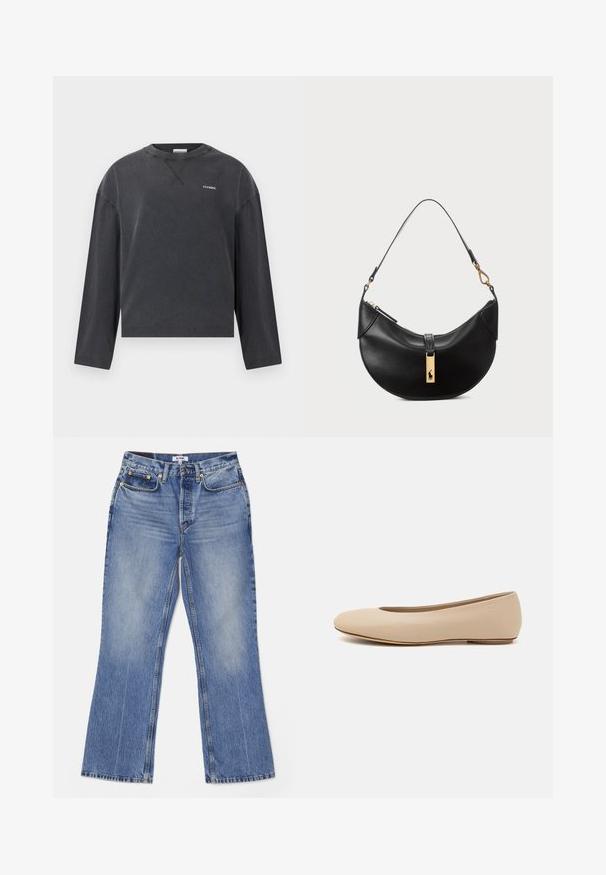 CLOSED - Bluzka z długim rękawem; RE/DONE - Jeansy Bootcut; Beżowe skórzane baleriny z zaokrąglonym noskiem, minimalnymi szwami, niskim obcasem oraz subtelnym logo z tyłu. Gładka, matowa tekstura.; Czarna skórzana torebka w kształcie półksiężyca. Ma złote akcenty i wąski pasek. Gładka tekstura, zamek błyskawiczny na górze.