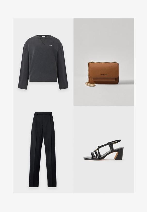 CLOSED CREWNECK LONGSLEEVE - Top s dlouhým rukávem - black; Černé kalhoty vyrobené z hladké tkaniny, vybavené vysokým pasem, širokými nohavicemi, předními záhyby a klasickými poutky na opasek. Nejsou viditelné boční kapsy.; Paul Smith AMIRA - Klasické lodičky - black; Hnědá texturovaná kožená kabelka přes rameno se zlatým řetízkovým popruhem a klopnovým uzavíráním. Přední strana obsahuje detail loga a kapsu pod klopou.