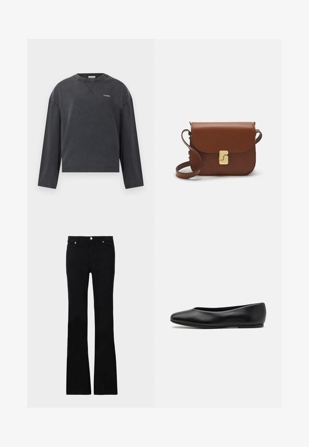 CLOSED CREWNECK LONGSLEEVE - Langarmshirt - black; Schwarze, ausgestellte Jeans aus Denim, ausgestattet mit zwei Fronttaschen, einem Knopfverschluss und einer glatten Oberfläche. Signatur-Nähte an den Nähten sichtbar.; Paul Smith TOPANGA - Klassischer Ballerina - black; Braune Ledertasche mit Klappenverschluss, Beschlägen in Goldfarbe, einem Schultergurt und einer glatten Oberfläche. Kompakte rechteckige Form.