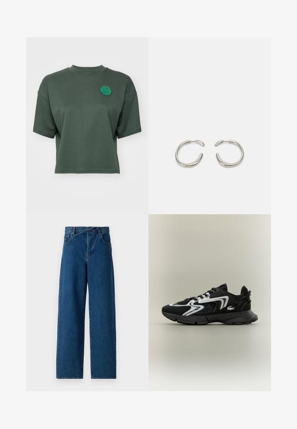 Īsa piedurkņu, īsu krekls, izgatavots no mīksta zaļa auduma, ar apaļu kakla izgriezumu un izšūtu apaļu logotipu uz krūtīm.; Platas kājas denim bikses tumši zilā krāsā. Augsta jostas dizains ar jostas cilpiņām un priekšējām kabatām. Gluda tekstūra un klasiskā piecu kabatu stils.; Melni sporta apavi ar sietiņa ieliktņiem, sudraba akcentiem un struktūru melnā krāsā. Īpaši iezīmes - šņorītes un izliekta, izturīga zole.; Sudraba riņķveida auskari ar gludu, noapaļotu dizainu un spīdīgu, pulētu apdari. Raksturīga minimālisma forma ar nelielu atvērumu.