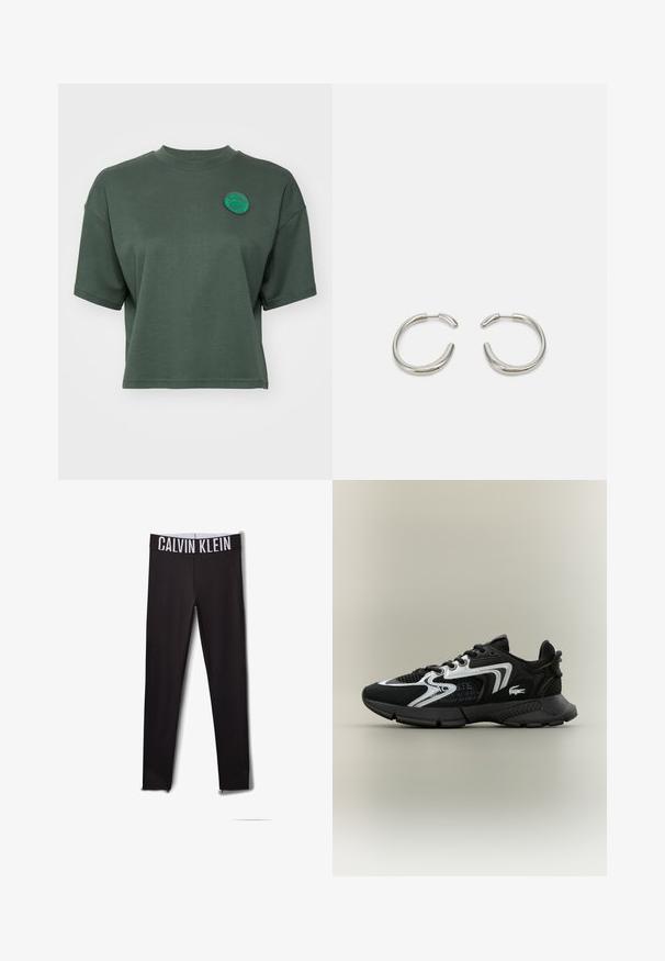 Short-sleeve, cropped t-shirt made of soft green material, featuring a round neckline and an embroidered circular logo on the chest.; Black leggings with a white "CALVIN KLEIN" logo on the waistband. Smooth material, fitted design, featuring mesh accents at the ankles.; Black athletic shoes with mesh panels, silver accents, and textured black overlays. Features laces and a curved, sturdy outsole.; Silver hoop earrings with a smooth, rounded design and a sleek, polished finish. Features a minimalistic shape with a slight opening.