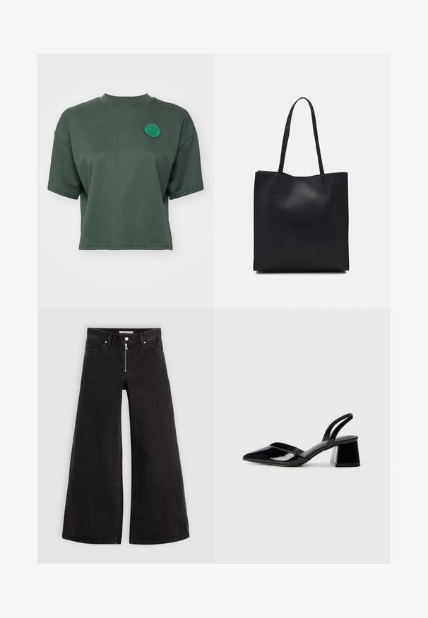 Kortsleev, cropped t-skjorte laget av mykt grønt stoff, med rund hals og et brodert sirkulært merke på brystet.; Vide benbukser i sort denim med glidelås i front, fem-lomme design og subtile sømdetaljer. Glatt tekstur og avslappet stil.; Svarte patentlær slingback hæler med spiss tå og geometrisk blokk hæl. Har et stilrent, minimalistisk design og jevn tekstur.; Svart lær tote bag med glatt tekstur, rektangulær form og to lange håndtak. Ingen synlige deler eller dekorasjoner.