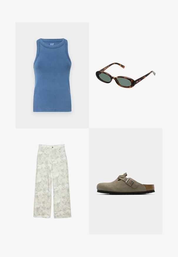 GAP HALTER - Top - indigo; Hvide vidde ben jeans med et subtilt blomstermønster i grå og lysegrøn, med fem lomme-design og sølvfarvet knaplukning.; Suede træsko i lys olivengrøn med en formet kork- og gummisål. Har en side rem med en metal spænde og en rund tå.; Skildpaddemønstrede solbriller med ovale stel og grønne linser. Har tynde arme med en metallisk detalje nær hængslerne.