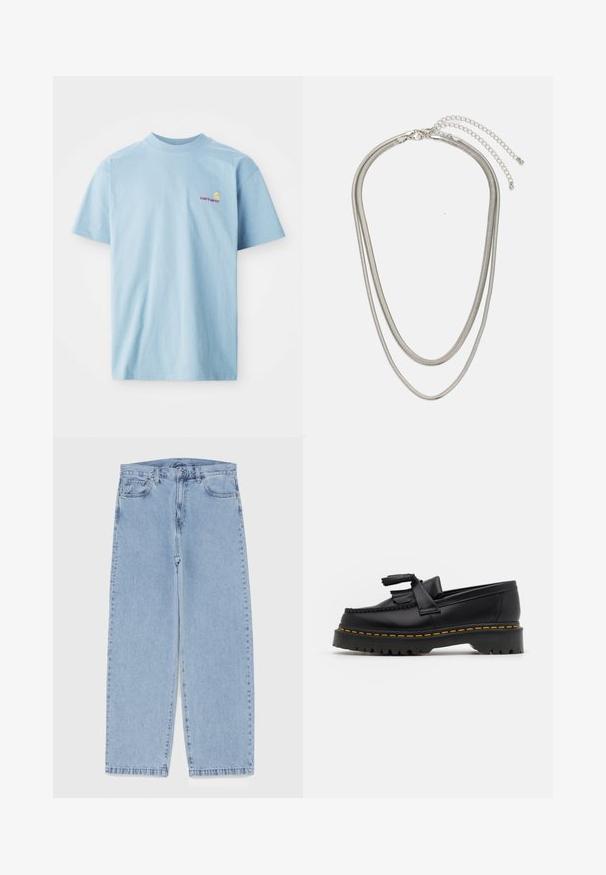 Tricou bleu deschis, cu mânecă scurtă, din bumbac, cu guler rotund și un mic logo multicolor Carhartt pe partea stângă a pieptului.; Jeans din denim de culoare albastru deschis, cu un design cu picioare drepte, având talie medie, cinci buzunare și un sistem de închidere cu nasture și fermoar.; Mocasini din piele neagră cu un accent ciufulit, având o talpă groasă neagră și cusături galbene pe margine. Finisaj texturat.; Colier din metal argintiu în trei straturi, cu lanțuri elegante și flexibile, cu un ușor luciu, asigurat cu un închizător de tip homar și un lanț ajustabil.