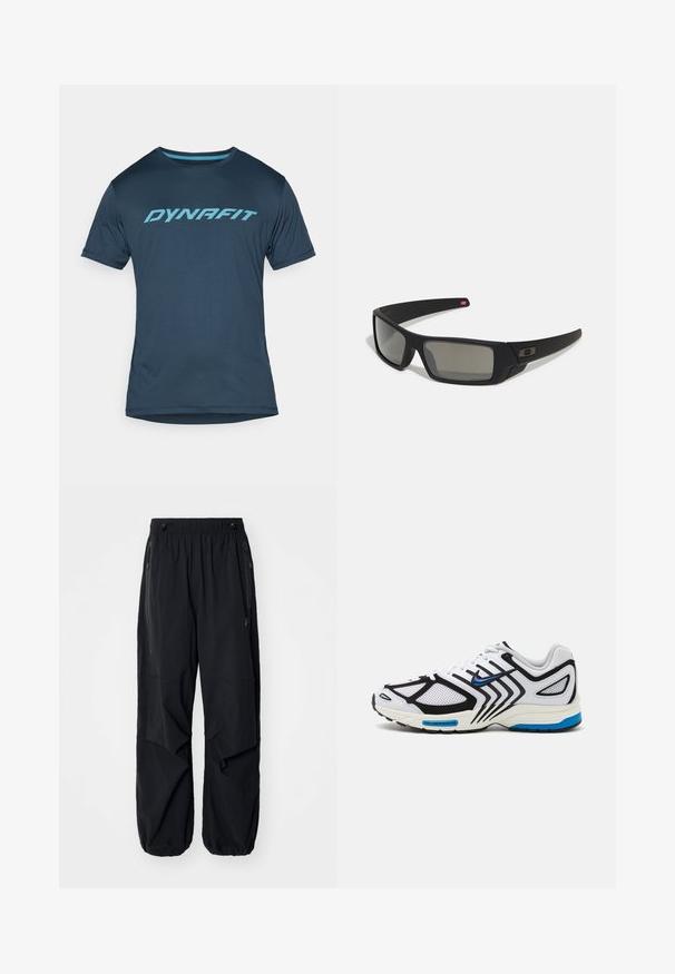 Tengerés kék, rövid ujjú sportpóló, turquoise "DYNAFIT" logóval a mellkasán, könnyű, légáteresztő anyagból készült.; Fekete, könnyű munkásnadrág elasztikus derékrésszel, oldalsó cipzárokkal és tágas zsebekkel. Lazán illeszkedik, és szűkülő bokákkal rendelkezik.; Fehér sportcipő fekete részletekkel, légáteresztő panelek és kék díszítések. Texturált talppal és áramvonalas dizájnvonallal rendelkezik.; Fekete napszemüveg matt felülettel, téglalap alakú lencsékkel, enyhe ívvel a templomokon, diszkrét logó részlettel és füstszínű lencsékkel.
