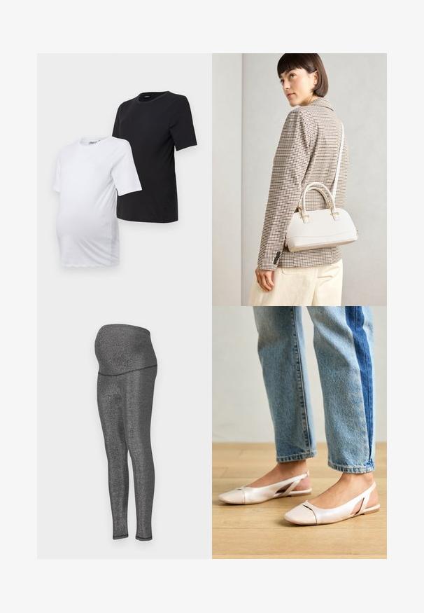 Two short-sleeve maternity t-shirts: one in white and one in black. Both feature a round neck and soft, smooth cotton fabric for comfort.; Maternity leggings in stretchy, metallic black fabric. High waistband designed for comfort, sleek fit through legs, with a smooth texture.; Pale pink slingback flats with a pointed toe, made from a smooth leather-like material. Features cut-out details at the sides and a flat heel.; White structured handbag with short handles and a shoulder strap, featuring gold hardware accents and textured material, displayed against a grey background.