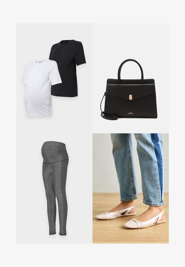 Kaks lühikeste varrukatega rasedust-särki: üks valge ja teine must. Mõlemal on ümar kaelus ja mugavast, pehmest puuvillast kangas, mis tagab mugavuse.; Rasedus leggings venivast metallikmustast kangast. Kõrge vöökoht mugavuse jaoks, sujuv istuvus jalgades ning sile tekstuur.; Kahvatu roosa slingback lapikute jalatsite paar, millel on terav varvas, valmistatud siledast nahataolisest materjalist. Omab külgedel lõikekohti ja lapikut kontsa.; Must svart nahkakott struktureeritud kujuga, millel on kuldne lukustus, kaks käepidet ja reguleeritav õlavöö. Logo on esiküljel.