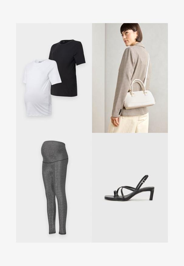 To korte ermestshirt for gravide: en i hvit og en i svart. Begge har rund hals og myk, glatt bomullsstoff for komfort.; Graviditetstights i stretchy, metallisk svart stoff. Høy midje designet for komfort, slank passform gjennom bena, med en glatt tekstur.; Sorte sandaler med stropper, firkantet tå og lav blokk hæl. Har flere tynne stropper og en justerbar ankelstropp. Laget av glatt lær.; Hvit strukturert håndveske med korte håndtak og skulderreim, med detaljer i gullfinish og teksturert materiale, vist mot en grå bakgrunn.