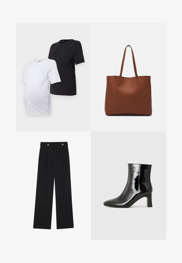 Kaks lühikeste varrukatega rasedust-särki: üks valge ja teine must. Mõlemal on ümar kaelus ja mugavast, pehmest puuvillast kangas, mis tagab mugavuse.; Mustad laiad püksid kõrge vöökoha ja nööpdetailidega vööandil, esikortsudega.; Must-sinine nahkjalats musta läikiva viimistlusega, millel on terav nina ja keskmise kõrgusega plokk konts. Sile tekstuur ja minimalistik disain.; Pruun nahast tote-kott, millel on sile tekstuur, avatud ülaosa disain ja kaks õlarihma. Omab minimaalset õmblust ja nähtavat riistvara ei ole.