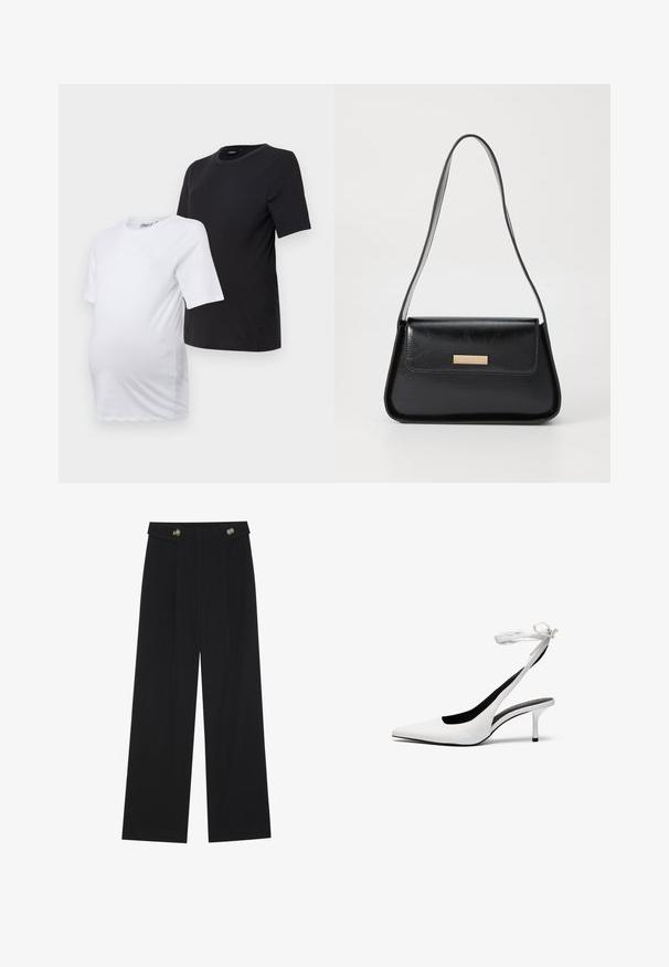 Două tricouri de maternitate cu mânecă scurtă: unul alb și unul negru. Ambele au guler rotund și sunt confecționate dintr-un material de bumbac moale și neted pentru confort.; Pantaloni negri cu picioare largi, talie înaltă, detalii cu butoane pe talie și pliseuri în față.; Pantofi cu toc slingback albi, cu vârful ascuțit și curea subțire la glezna. Material din piele netedă, toc subțire stil stiletto și căptușeală interioară neagră.; Geantă de piele neagră cu o formă triangulară structurată, curea subțire și accesorii din metal de culoare aurie, având un plăcuță cu logo pe clapeta din față.