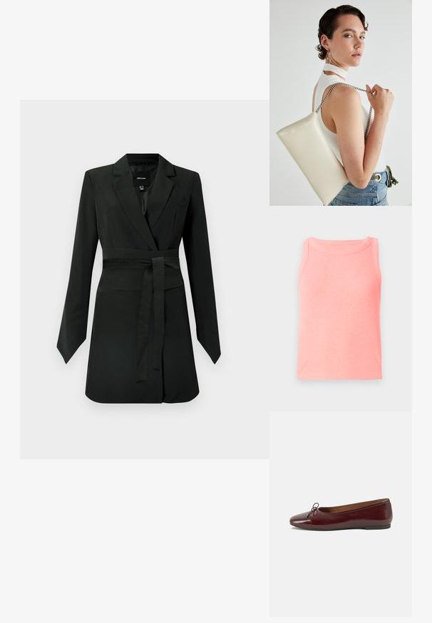 Rozā ribots topiņš ar apaļu kakla izgriezumu un bez piedurknēm. Audums izskatās mīksts ar nedaudz teksturētu virsmu.; Melna žakete kleita ar garām piedurknēm, piegulošu vidukli un piesaistes jostu. Ir ar izlobītu apkakli un gludu, strukturētu audumu.; Burgundijas laku ādas baleta kurpes ar noapaļotu purngalu, nelielu loku akcentu priekšā un zemu melnu gumijas zoli. Gluda tekstūra.; Balts taisnstūra clutch soma, izgatavota no spīdīga materiāla, ar sudraba ķēdes siksnu. Modelis pozē, demonstrējot somu uz vienkārša fona.