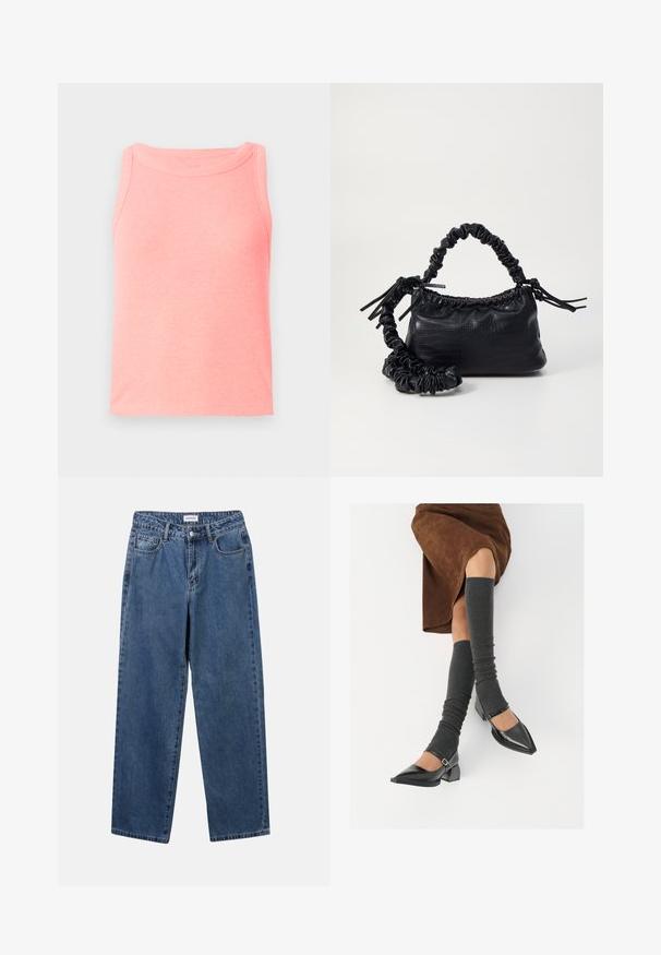 Roza rebrasta majica bez rukava s okruglim izrezom. Tkanina izgleda mekano s blago teksturiranom površinom.; Klasične plave traperice s ravnim nogavicama, pet džepova i dugmadom za zatvaranje. Imaju srednje pranje i čvrstu teksturu.; Crne lakirane cipele s šiljastim prstima, blok-petom i remenom oko gležnja, uparene s sivim rebrastim čarapama do koljena i smešnom suknjom od antilopa.; Crna torba od umjetne kože s teksturom krokodila, s cinčanim vrhom i naboranom trakom. Izgleda mekano i kompaktno u dizajnu.