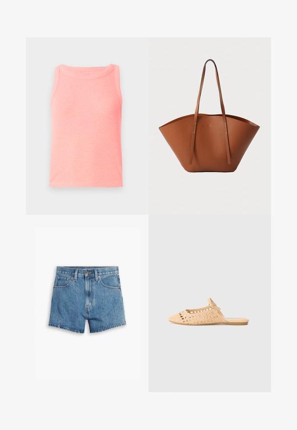 Pink ribbed tank top with a round neckline and sleeveless design. Fabric appears soft with a slightly textured surface.; Denim shorts in light blue, featuring five pockets, a zip fly, and a button closure. The hem is frayed with a relaxed fit design.; Beige crocheted slip-on shoe with pointed toe, open sides, and an ankle strap featuring a metal buckle. Flat sole.; Brown leather tote bag with a wide, structured shape, thin handles, and a textured finish. Features minimalistic design with no visible hardware.