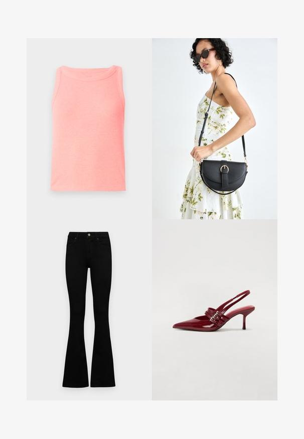 Rožinė raukinėta marškinėlių palaidinė su apvaliu iškirpimu ir be rankovių dizainu. Audinys atrodo minkštas, su šiek tiek tekstūruota paviršiumi.; Juodos aukšto liemens džinsai su mygtuku ir užtrauktuku, priekinėmis kišenėmis ir platėjančiomis kojomis, išdėstyti ant baltos fono.; Raudoni blizgūs odiniai bateliai su atviru kulnu, smailiu nosiu, dviem užsegimais ir plonu, vidutinio aukščio stiletto kulnu. Lygus paviršius.; Juodas odinis krepšys su išlenkta forma, nuimamu dirželiu ir auksiniais detalėmis. Krepšys turi kilpą su sagtimi.