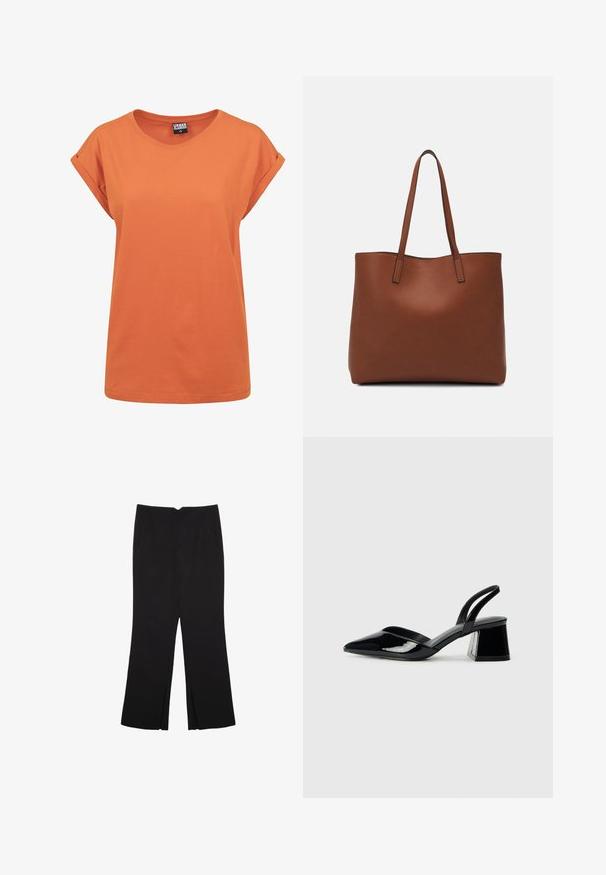 Orange bomulds T-shirt med afslappet pasform, rund halsudskæring og foldede korte ærmer. Simpelt design uden synlige mønstre eller accenter.; Sorte bukser med lige pasform, der har frontlommer og slidser i kanten. Lavet af blødt, glat stof. Velegnet til forskellige anledninger.; Sorte patentlæder slingback hæle med spids tå og en geometrisk blok hæl. Har et elegant, minimalistisk design og en glat tekstur.; Brun læder tote taske med en glat overflade, åben topdesign og to skulderremme. Har minimal syning og ingen synlig hardware.