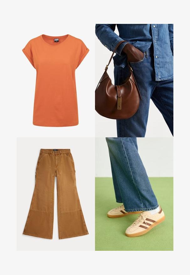 Orange bomulds T-shirt med afslappet pasform, rund halsudskæring og foldede korte ærmer. Simpelt design uden synlige mønstre eller accenter.; Brune viddebukser lavet af bomuld med lapdetaljer, knaplukning og skrå lommer foran. Glat tekstur, afslappet design.; Beige sneakers med teksturerede cremefarvede paneler og brune striber, parret med blå denim jeans. Jeansene har brede ben og en frynset kant.; Brun læder hobo taske med en afrundet form, der har et guldhardware-element og kontraststing. Sammen med en denimskjorte og jeans.