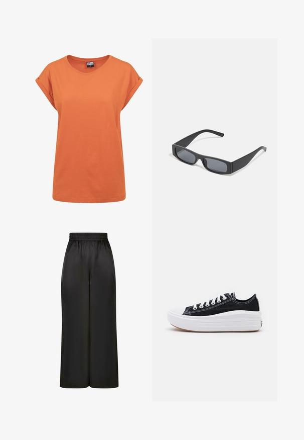 Orange bombažna majica s sproščenim krojem, okroglim izrezom in zvitimi kratkimi rokavi. Preprost dizajn brez vidnih vzorcev ali okrasnih detajlov.; Črne široke hlače iz gladkega, sijočega materiala z elastičnim pasom in brez vidnih žepov ali kovinskih detajlov.; Črne platnene športne copate z belimi vezalkami, belim gumijastim prstnim zaščitnikom in masivnim belim srednjim podplatom. Imajo subtilne bele šive in gumijast podplat.; Črne pravokotne sončna očala s temnimi lečami in debelimi mat okvirji. Ročaji so rahlo ukrivljeni in imajo gladko teksturo.