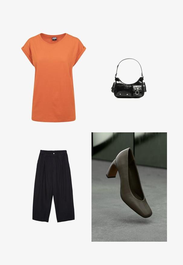 Oranges Baumwoll-T-Shirt mit lockerem Schnitt, rundem Halsausschnitt und umgeschlagenen kurzen Ärmeln. Einfaches Design ohne sichtbare Muster oder Akzente.; Schwarze Polyester-Culotte mit einem elastischen Bund, zwei vorderen Falten und einer lockeren Silhouette. Keine sichtbaren Muster oder Hardware-Details.; Dunkelolivgrüner Leder-Highheel mit quadratischer Zehenform und Blockabsatz, schwebend über einem grauen Betonboden mit verschwommenem grünen Hintergrund.; Schwarze Lackleder-Handtasche mit geschwungenem Design, einem Schulterriemen, Vordertaschen und silberfarbenen Hardware-Akzenten.