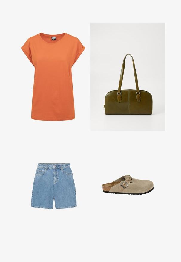 Orange bomulds T-shirt med afslappet pasform, rund halsudskæring og foldede korte ærmer. Simpelt design uden synlige mønstre eller accenter.; Denimshorts i lyseblå, med høj talje, fire lommer og synlige syninger. Lavet af tekstureret denimstof.; Beige ruskindsklipklapper med rund tå, justerbar rem og spænde, kork-mellemsål og tekstureret sort gummisål for godt greb.; Oliven grøn læder håndtaske med rund form, to håndtag og sømløs front. Har en glat tekstur og diskrete syninger.