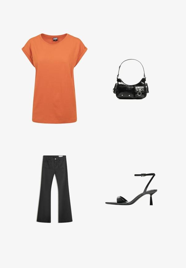 Orange cotton T-shirt with a relaxed fit, round neckline, and rolled short sleeves. Simple design with no visible patterns or accents.; Black flared jeans made of denim with a smooth texture, featuring two back pockets and a button closure at the waist.; Bershka High heeled sandals - black; Black patent leather handbag with a curved shape, one shoulder strap, front pockets, and silver-tone hardware accents.