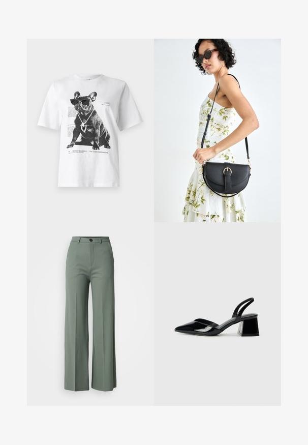 Valge grafiikaga T-särk, millel on must prantsuse buldog, kes kannab prille ja südamekujulist kaelaehet, koos trükitud teksti ja disainielementidega.; Laiad püksid häguses rohelises kangas, mis on varustatud esise nupu sulgemisega ja siledaga tekstuuriga. Ilma nähtavate mustrite või aktsendita.; Mustad musta lakknahk kingad, millel on terav varvas ja geomeetriline plokkkonts. Omab elegantselt minimalistlikku disaini ja sujuvat tekstuuri.; Mustmust mustraha kõverate joontega, eemaldatava rihmaga ja kuldsete detailidega. Kotil on klapp, millel on pandladetail.