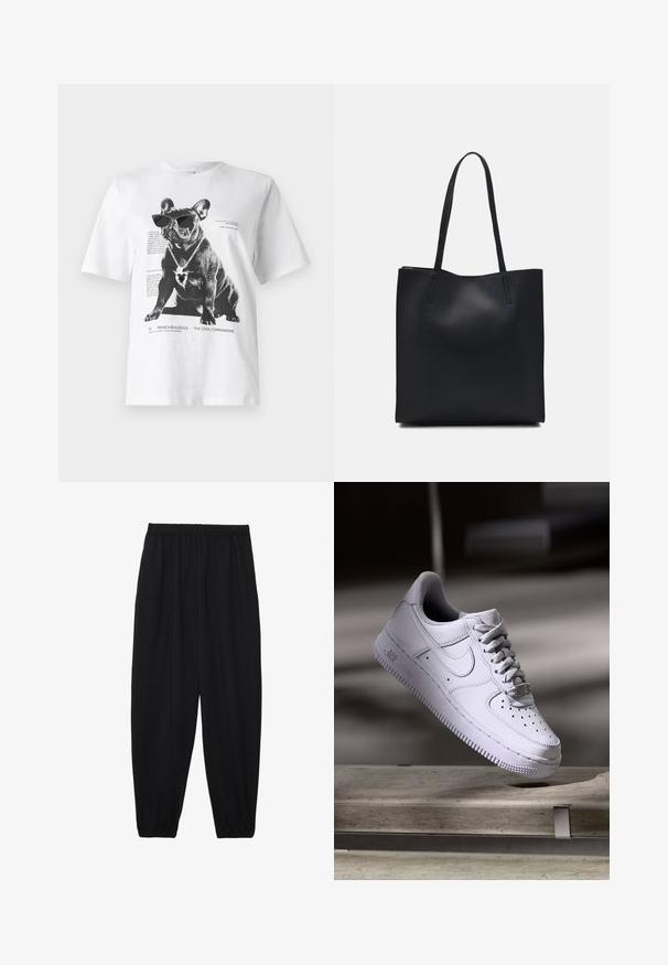 Vit grafisk t-shirt med en svart fransk bulldogg som bär solglasögon och ett hjärtformat halsband, med tryckt text och designdetaljer.; Svarta, lätta byxor med elastisk midja och samlade ankleder. Tyget är slätt och har en avslappnad, avsmalnande design.; Vit Nike Air Force 1-sneaker som svävar ovanför en betongyta med skuggor i en minimalistisk miljö.; Svart lädertoffelväska med slät textur, rektangulär form och två långa handtag. Ingen synlig hårdvara eller dekorationer.