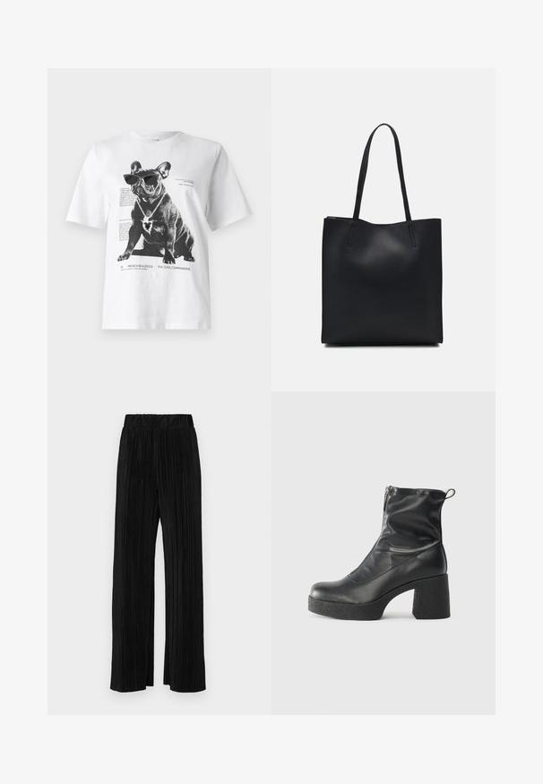 Bijela grafička majica s crnim francuskim buldogom koji nosi sunčane naočale i ogrlicu u obliku srca, s ispisanim tekstom i dizajnerskim detaljima.; Crne plisirane hlače s elastičnim pojasom. Imaju široke nogavice i glatku, teksturiranu tkaninu s vertikalnim prugama.; Crne gležnjače od glatke kože, s bočnim zatvaračem, debelim teksturiranim potplatom i dizajnom s zaobljenim prstima.; Crna kožna torba za nošenje s glatkom teksturom, pravokutnim oblikom i dvije duge ručke. Nema vidljivih metalnih dijelova ili ukrasa.